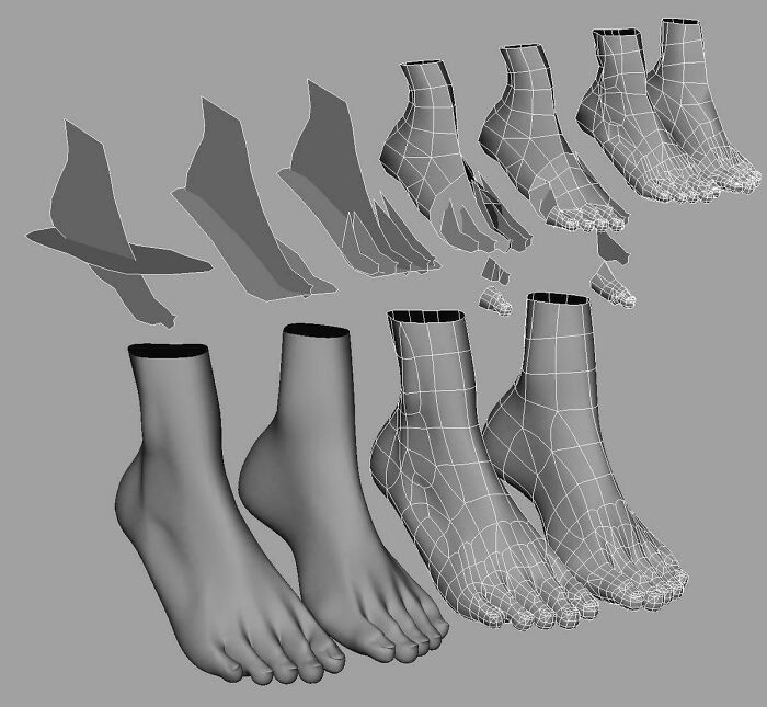 3D modeling tutorial showing progressive stages of detailed foot mesh creation and sculpting