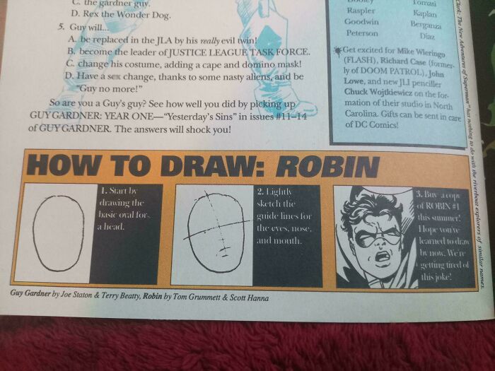Comic style how to draw tutorial for Robin character showing basic head drawing and sketch guide
