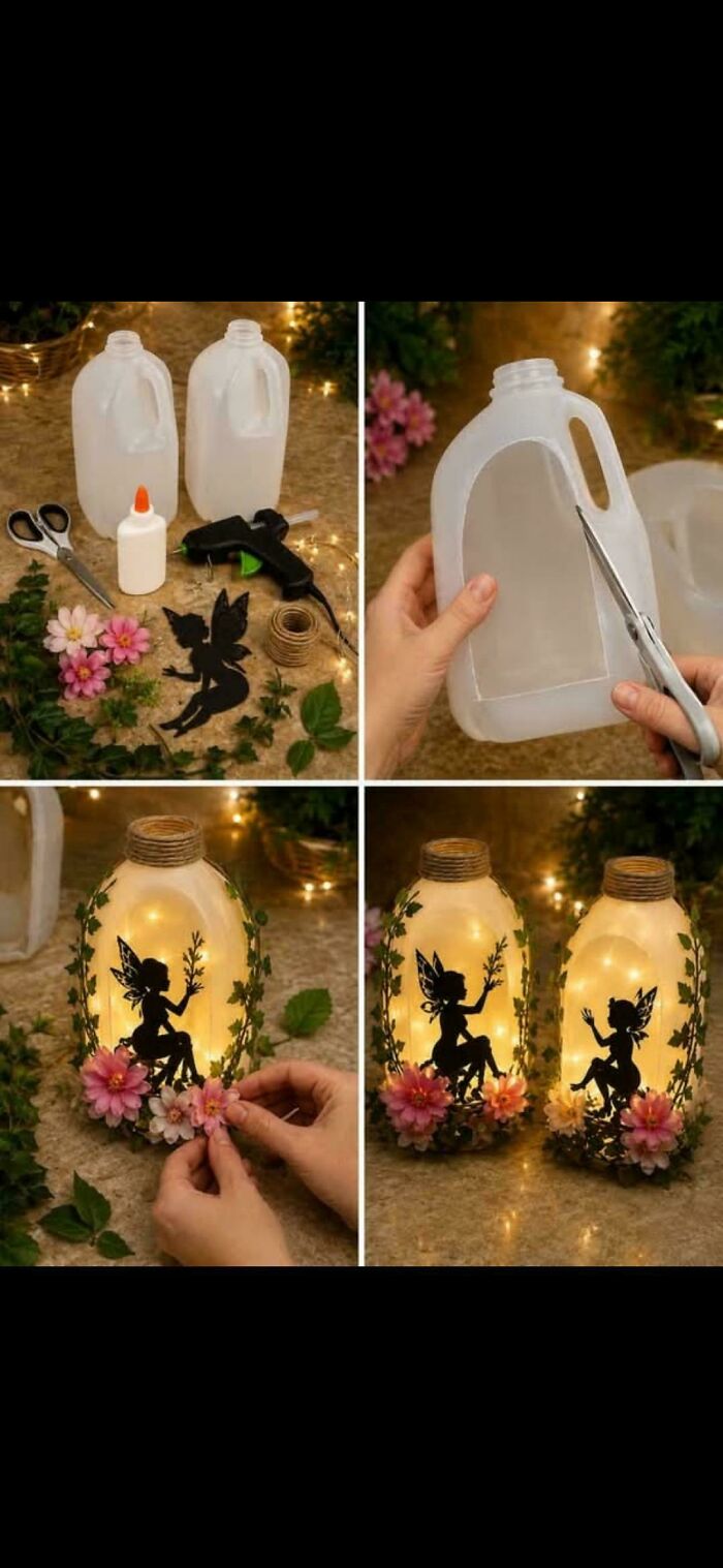 DIY fairy light jars made from recycled plastic milk jugs with floral and fairy silhouette decoration