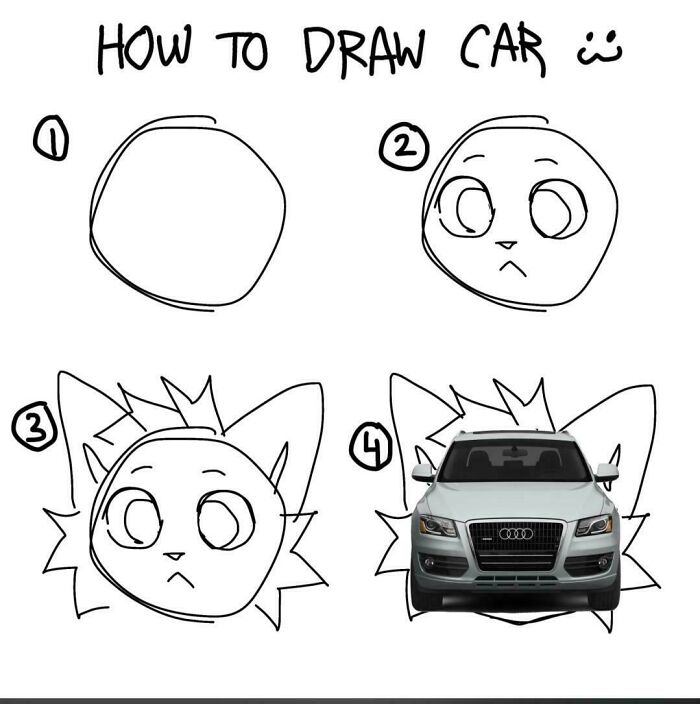 Funny tutorial on how to draw a car turning into a cat-faced car illustration