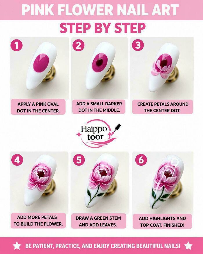 Step by step pink flower nail art tutorial for creative nail designs