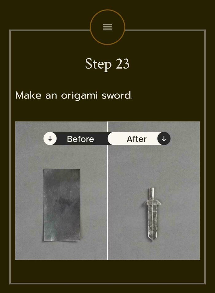 Step 23 showing origami sword before and after folding on a tutorial page