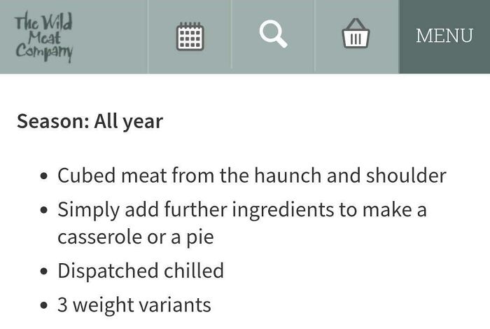 Wild Meat Company product description listing cubed meat and preparation notes