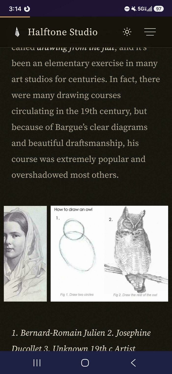 Halftone Studio art tutorial page discussing drawing courses and illustration examples