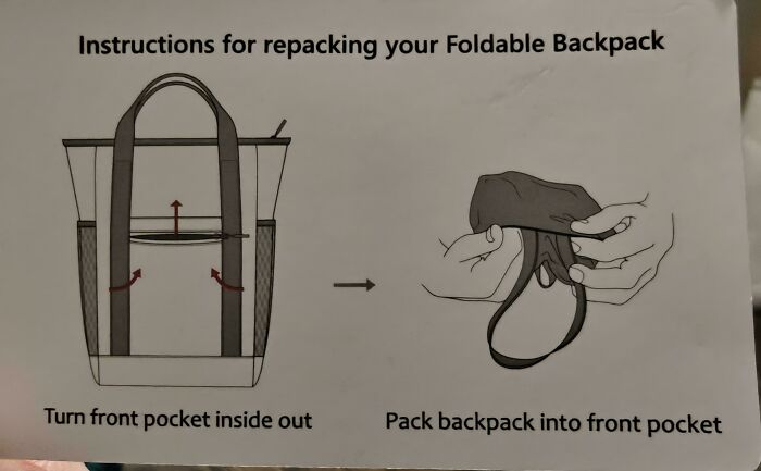 Foldable backpack instructions showing how to turn front pocket inside out and pack backpack into it