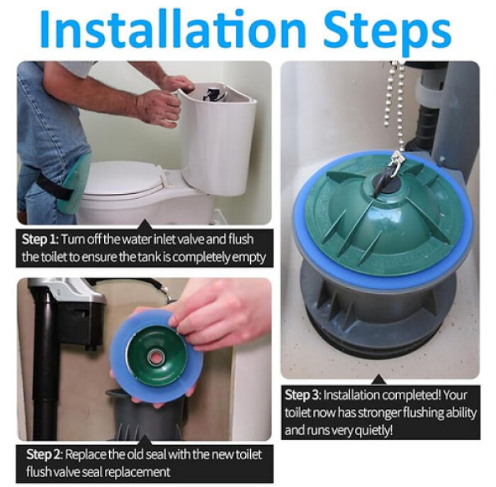 Toilet installation steps showing valve replacement for stronger flushing