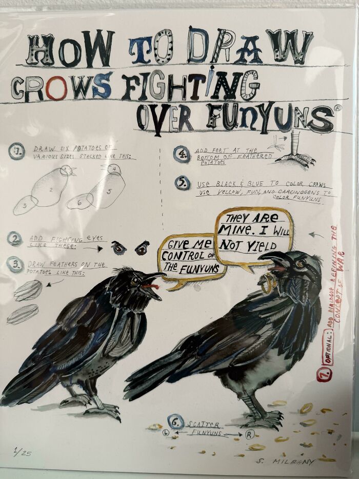Funny illustrated instructions for drawing crows fighting over Funyuns