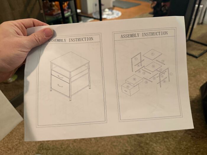 Minimalist furniture assembly instruction with unclear steps