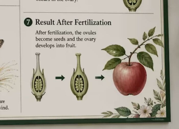 Biology instructions showing result after fertilization with ovules turning into seeds and apple fruit