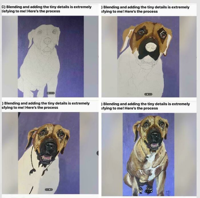 Step by step dog painting art instructions showing blending and adding details