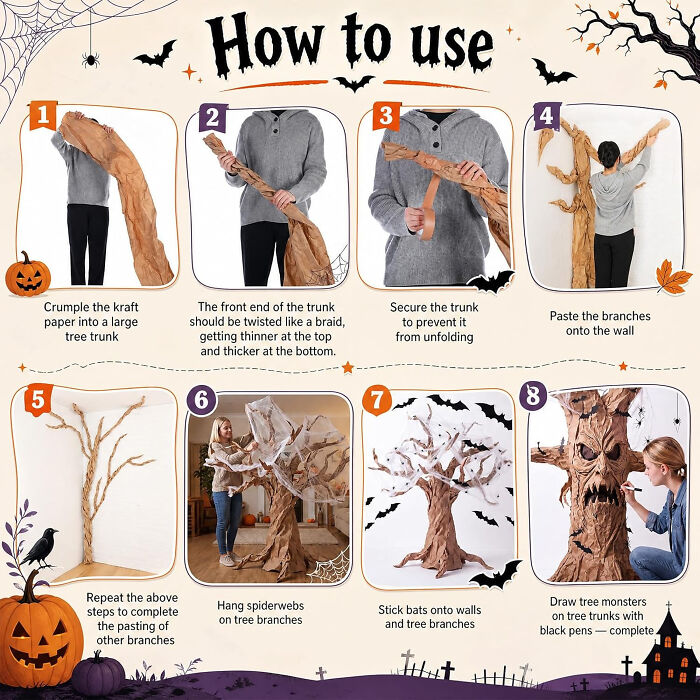 How to use kraft paper for Halloween tree trunk decoration with step by step instructions