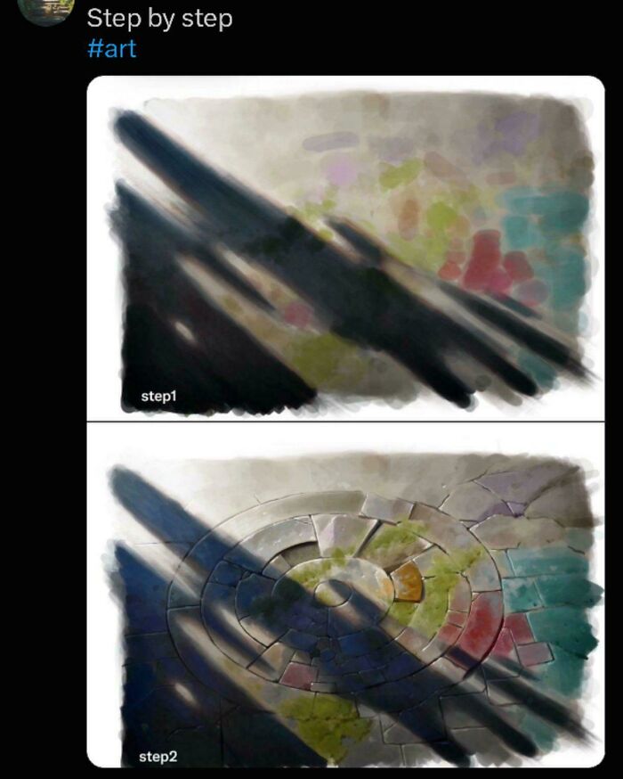 Step by step art instructions showing progression of colored circular pattern puzzle