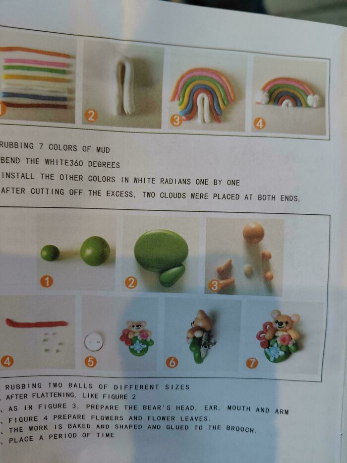 Instructions for making clay rainbow and bear brooch with photos