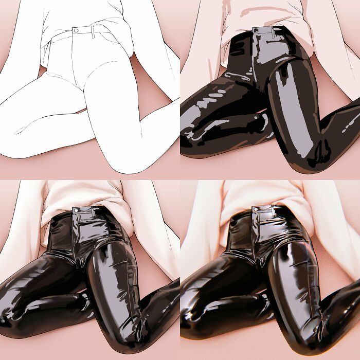 Step-by-step instructions showing how to draw shiny black latex pants