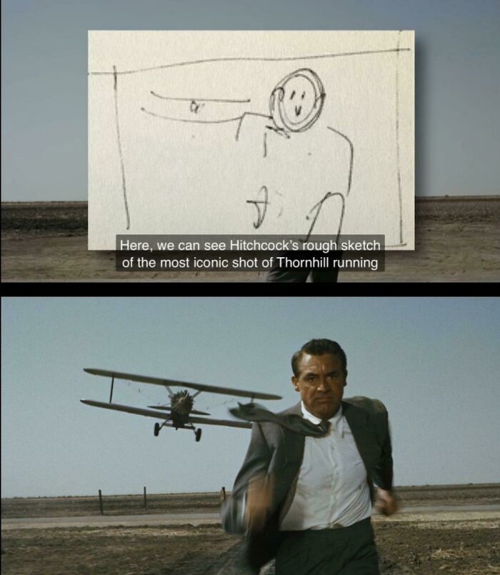 Hitchcock rough sketch and iconic shot of man running with airplane behind him