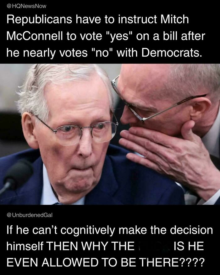 Dystopian political reality showing Republicans instructing Mitch McConnell how to vote
