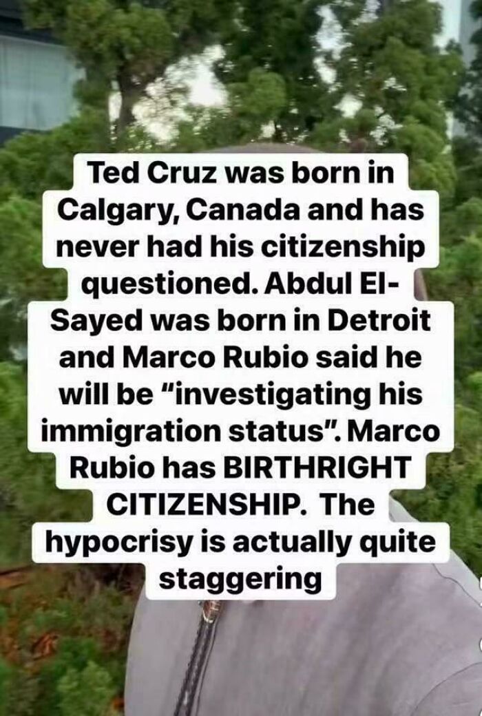 Dystopian political hypocrisy discussing citizenship questions between Ted Cruz and Abdul El-Sayed