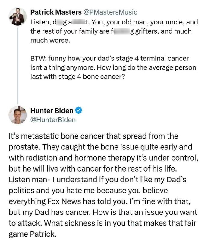Hunter Biden responds to attack over father's metastatic bone cancer and critic's false claims