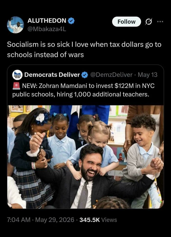 Tweet about socialism funding schools with image of man surrounded by joyful children in classroom