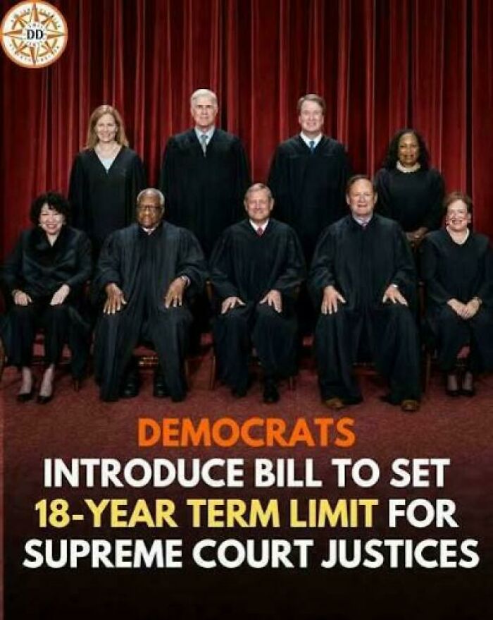 Group photo of Supreme Court justices with text about Democrats proposing 18-year term limit bill