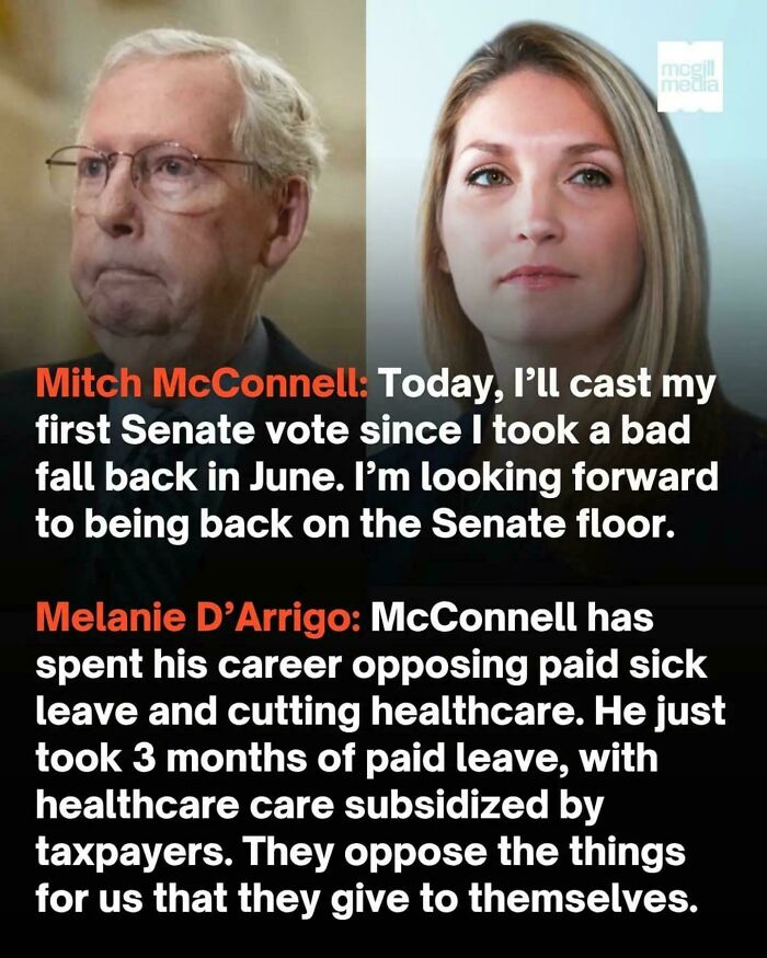 Split image of Mitch McConnell and Melanie D'Arrigo with text on healthcare and paid leave opposition