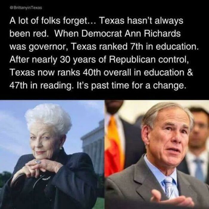 Comparison of Texas education rankings under Democrat Ann Richards and Republicans