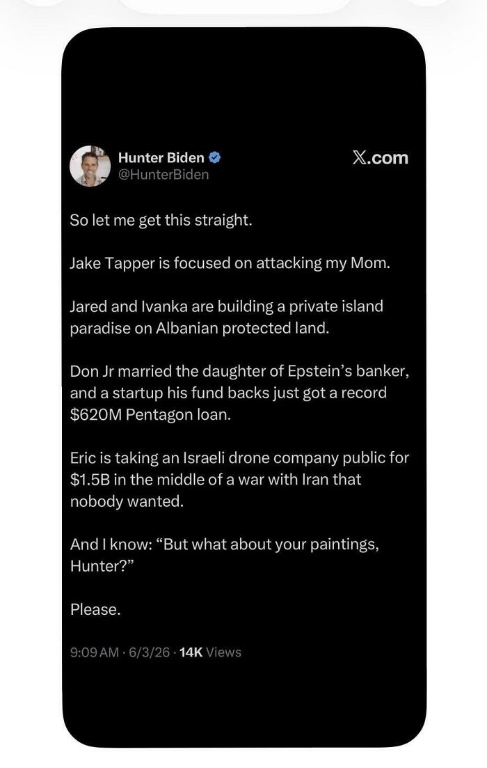 Tweet listing political family issues amid dystopian societal themes