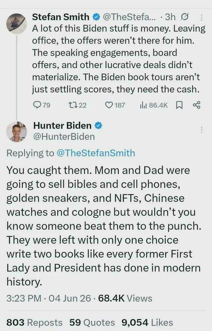 Tweet discussing Biden money issues and book tours in dystopian experiences