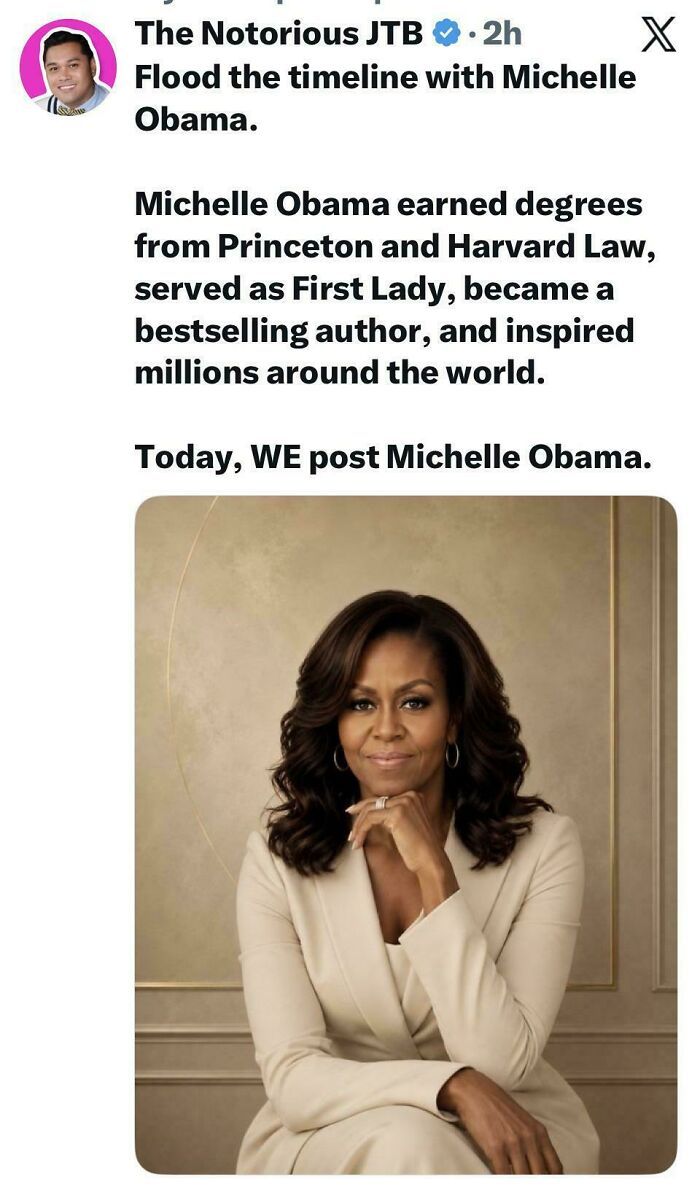 Portrait of Michelle Obama with text highlighting her achievements and call to post her photo