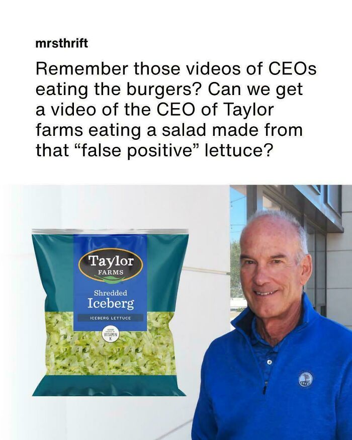 CEO of Taylor Farms smiling next to bag of shredded iceberg lettuce, referencing false positive lettuce