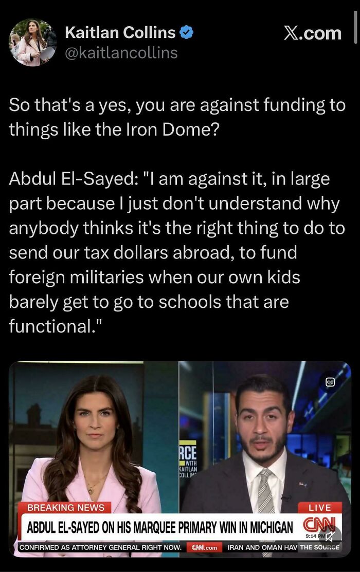 Abdul El-Sayed opposes funding Iron Dome citing domestic school funding issues dystopian foreign aid debate