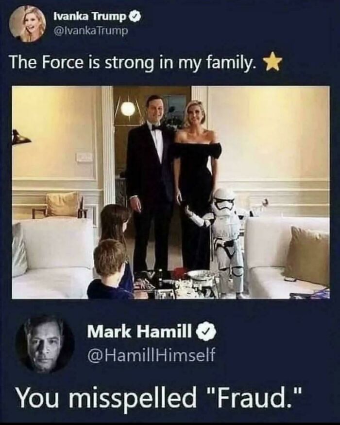 Ivanka Trump tweet with family Star Wars joke and Mark Hamill calling it fraud
