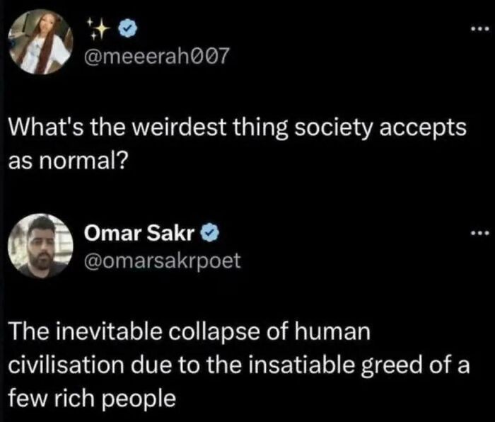 Tweet discussing dystopian collapse of civilization from rich people's greed