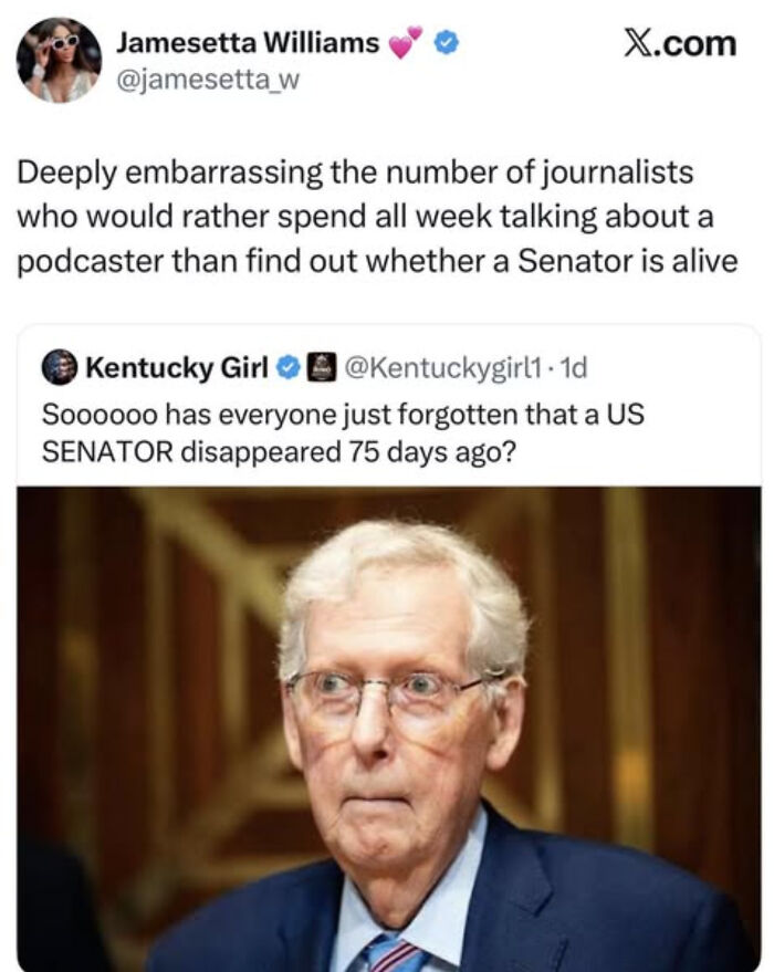 Tweet criticizing journalists for ignoring the disappearance of a U.S. Senator 75 days ago
