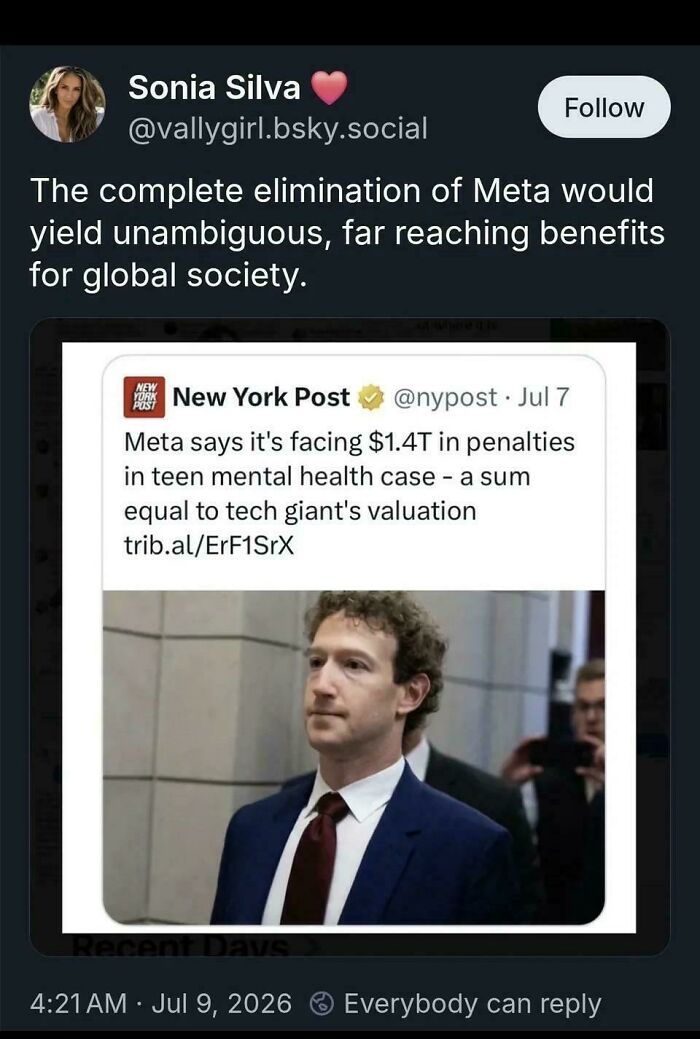 Tweet highlighting Meta's $1.4 trillion teen mental health penalty and its impact on global society