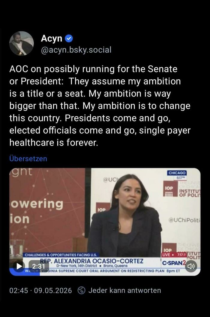 Tweet quoting Alexandria Ocasio-Cortez on ambition to change the country and single payer healthcare