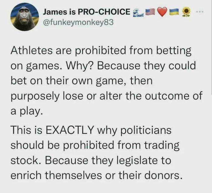 Tweet arguing politicians should be prohibited from trading stock like athletes banned from betting on games