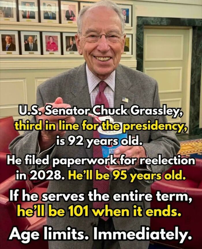 U.S. Senator Chuck Grassley, third in line for the presidency, faces age limit concerns at 101 years old