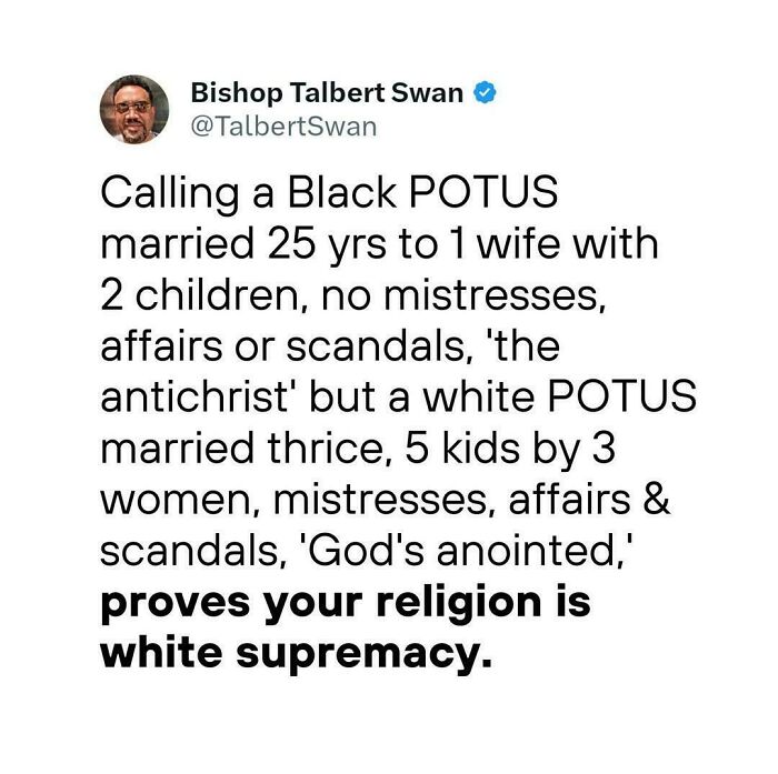 Tweet discussing white supremacy and religion by Bishop Talbert Swan