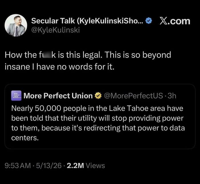 Tweet about power being redirected from Lake Tahoe residents to data center utilities