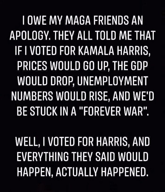 Text meme about dystopian political and economic outcomes after voting for Kamala Harris