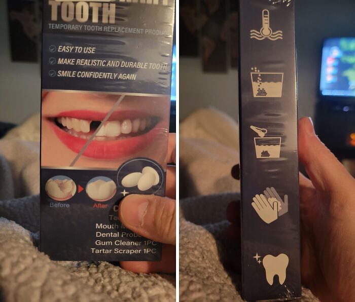 Temporary tooth replacement product with simple usage icons