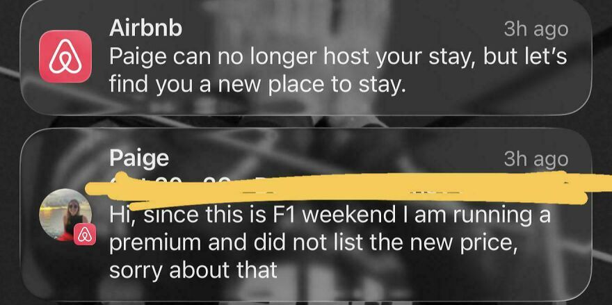Airbnb message notifying guest of canceled stay during F1 weekend price hike