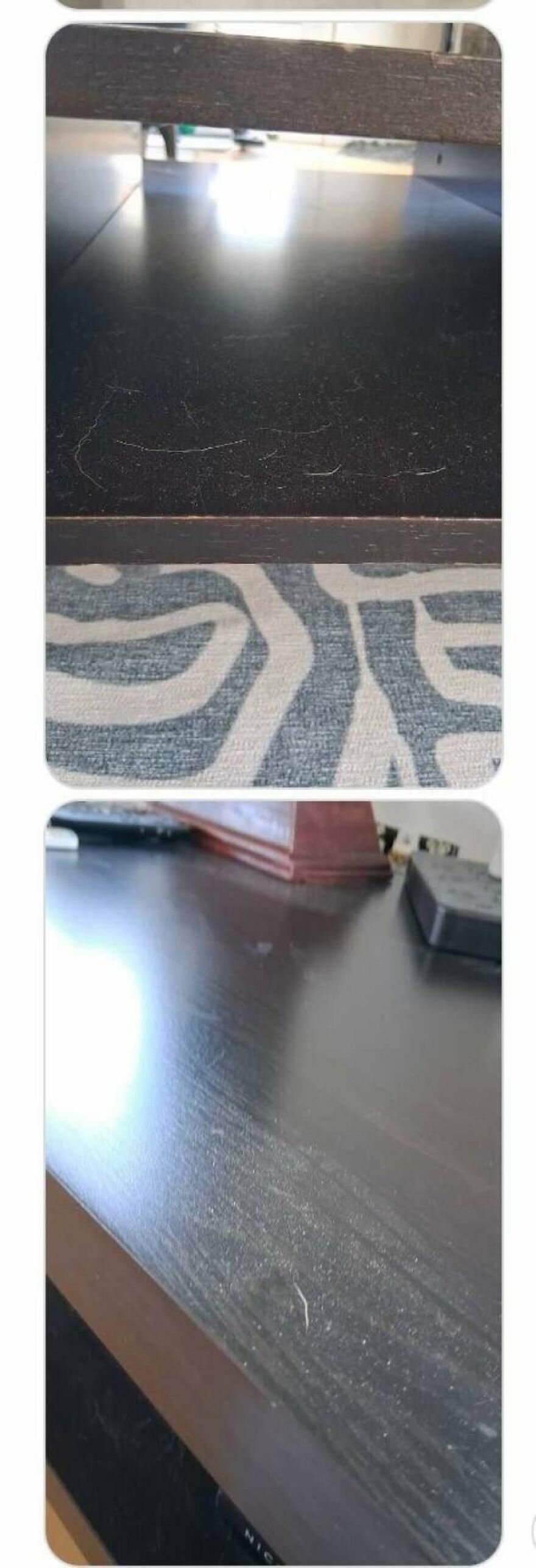 Dusty and unclean black wooden surfaces in a hotel or Airbnb room