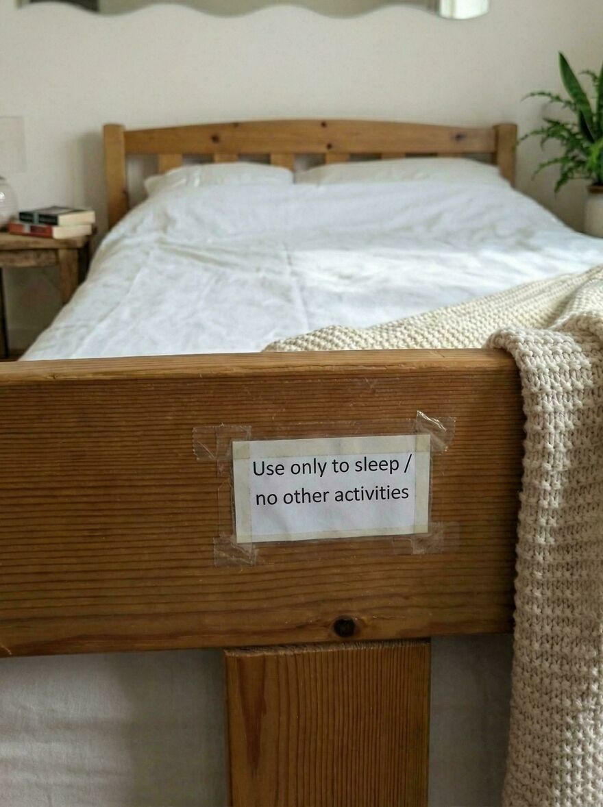 Sign on bed frame restricting use to only sleeping in vacation rental