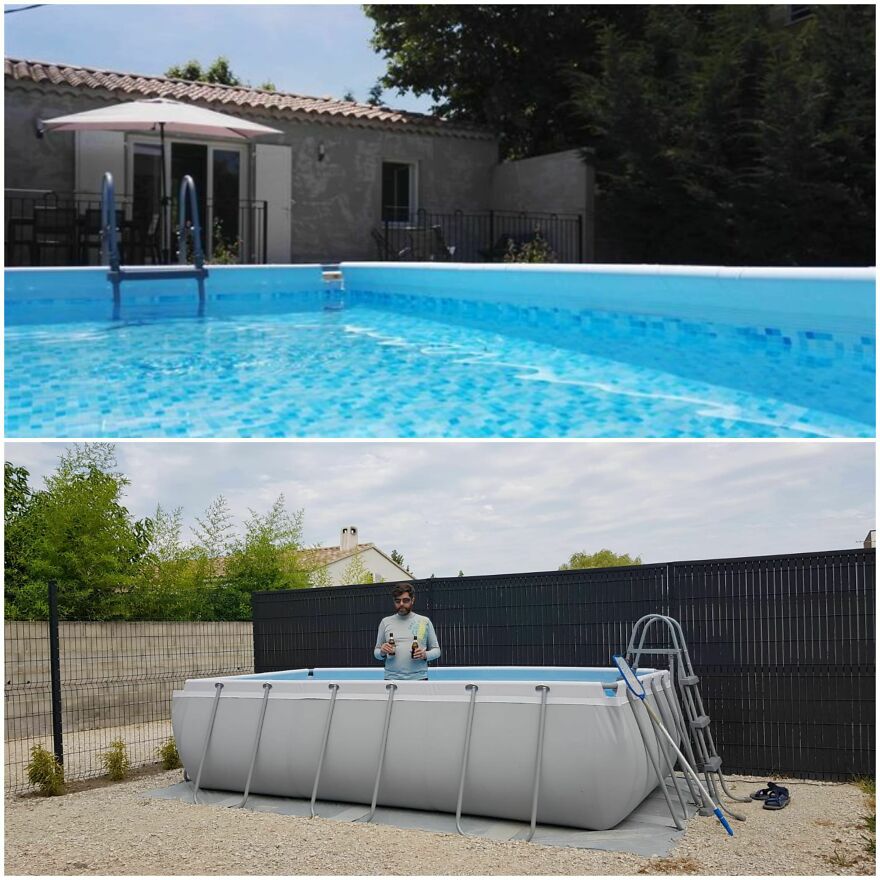 Misleading hotel pool photos showing small above-ground pool and man standing inside