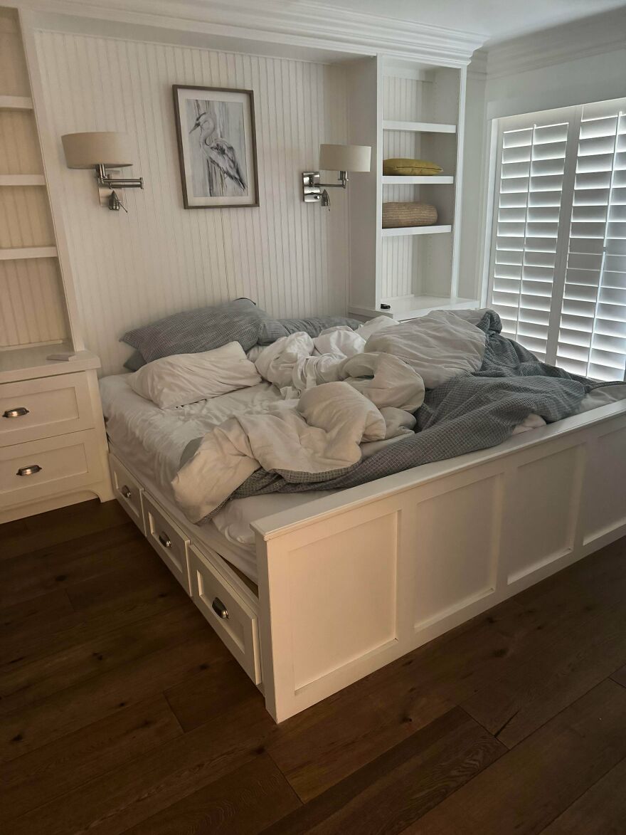 Messy unmade bed in Airbnb rental bedroom
