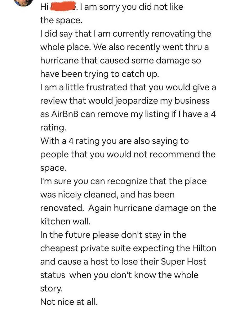 Host response about ongoing renovations and hurricane damage in Airbnb space