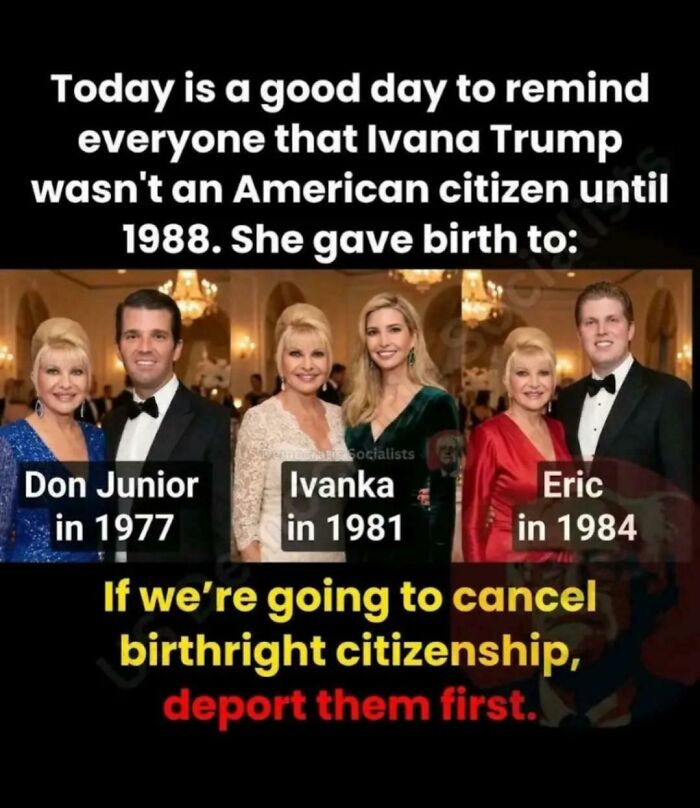 Collage of Ivana Trump with her children and text about birthright citizenship debate