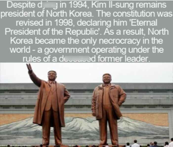 Statues of Kim Il-sung and Kim Jong-il in North Korea, presenting interesting facts about a necrocracy.